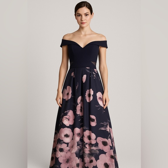 Xscape Dresses & Skirts - Xscape blue floral off shoulder full length formal gown size 12 wedding gala
